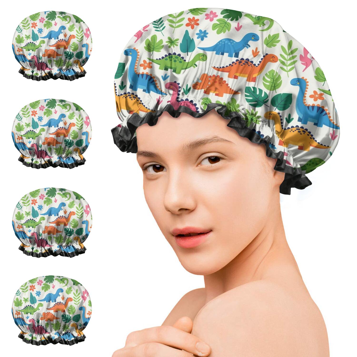 Shower Caps,White Cartoon Dinosaurs Jungle Pattern Waterproof Shower Cap for Women 4 Pieces,Double Reusable Hair Cover for Shower PEVA Elastic Stretch Hem