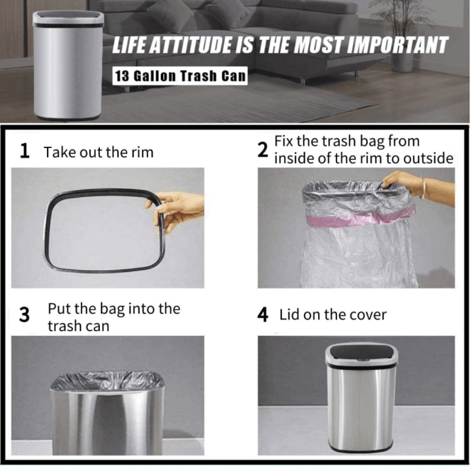 13 Gallon Kitchen Trash Can Automatic Stainless-Steel Garbage Can with Touch-Free & Motion Sensor, Anti-Fingerprint Mute Designed Brushed Waste Bin for Home, Silver