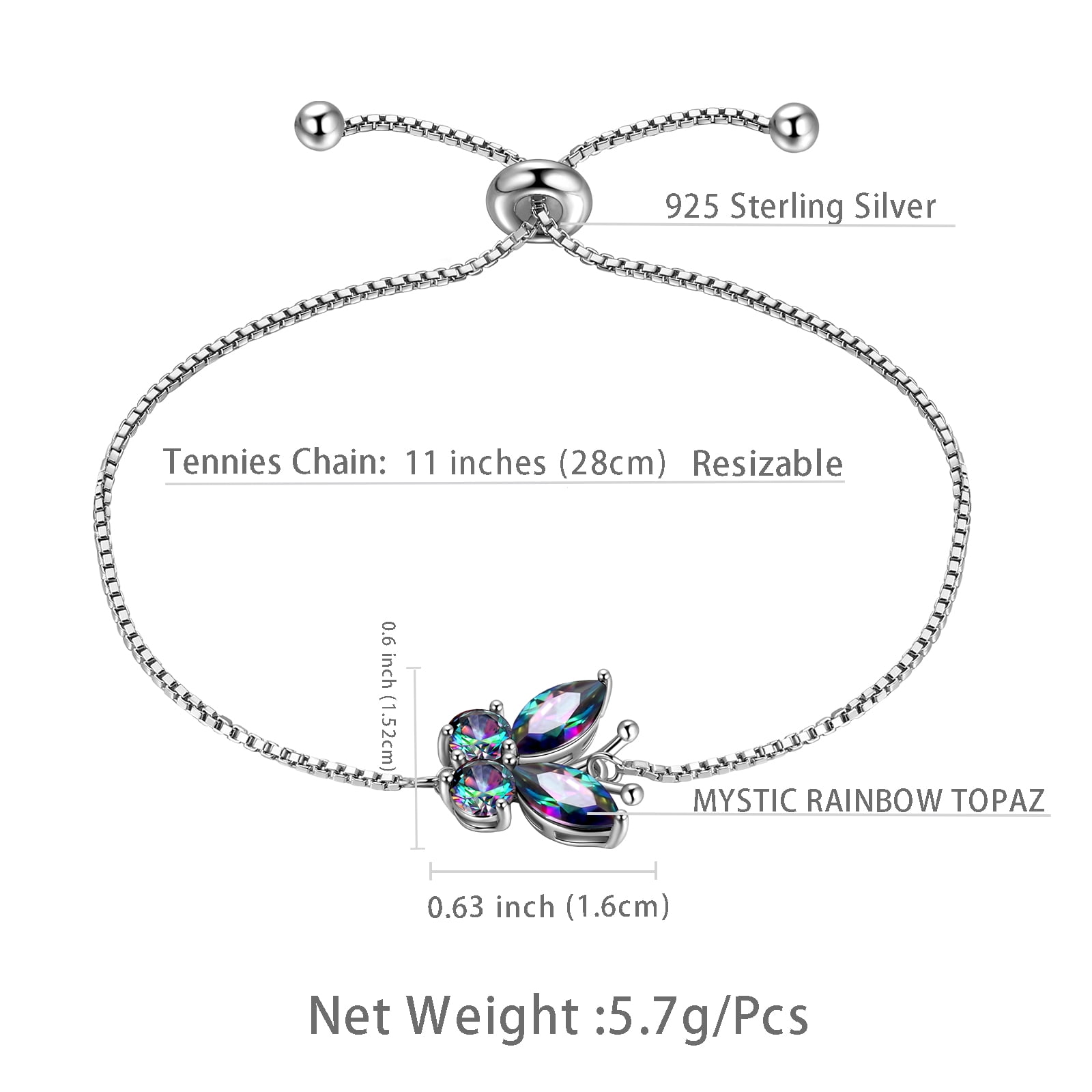 Juwaliy Rainbow Mystic Topaz Bracelets 925 Sterling Silver Butterfly Bracelet Crystal Jewelry Women Christmas Valentines Mothers Day Gift for Her/Wife