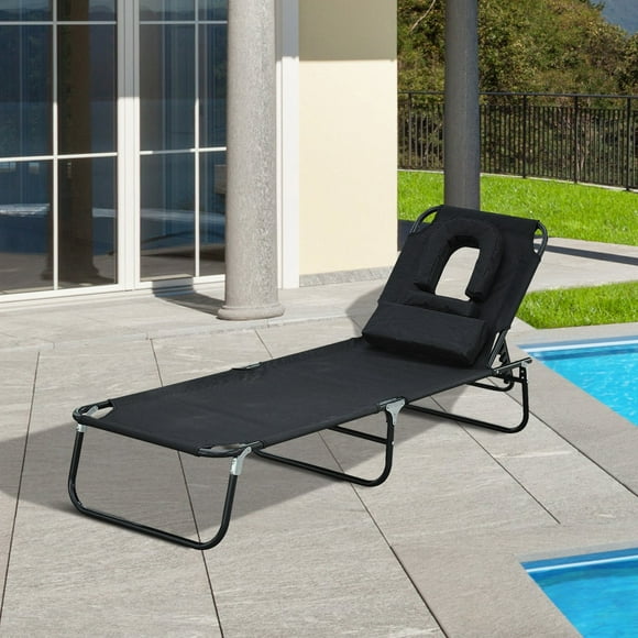 Outsunny Adjustable Garden Sun Lounger w/ Reading Hole Outdoor Reclining Seat Folding Camping Beach Lounging Bed Blue