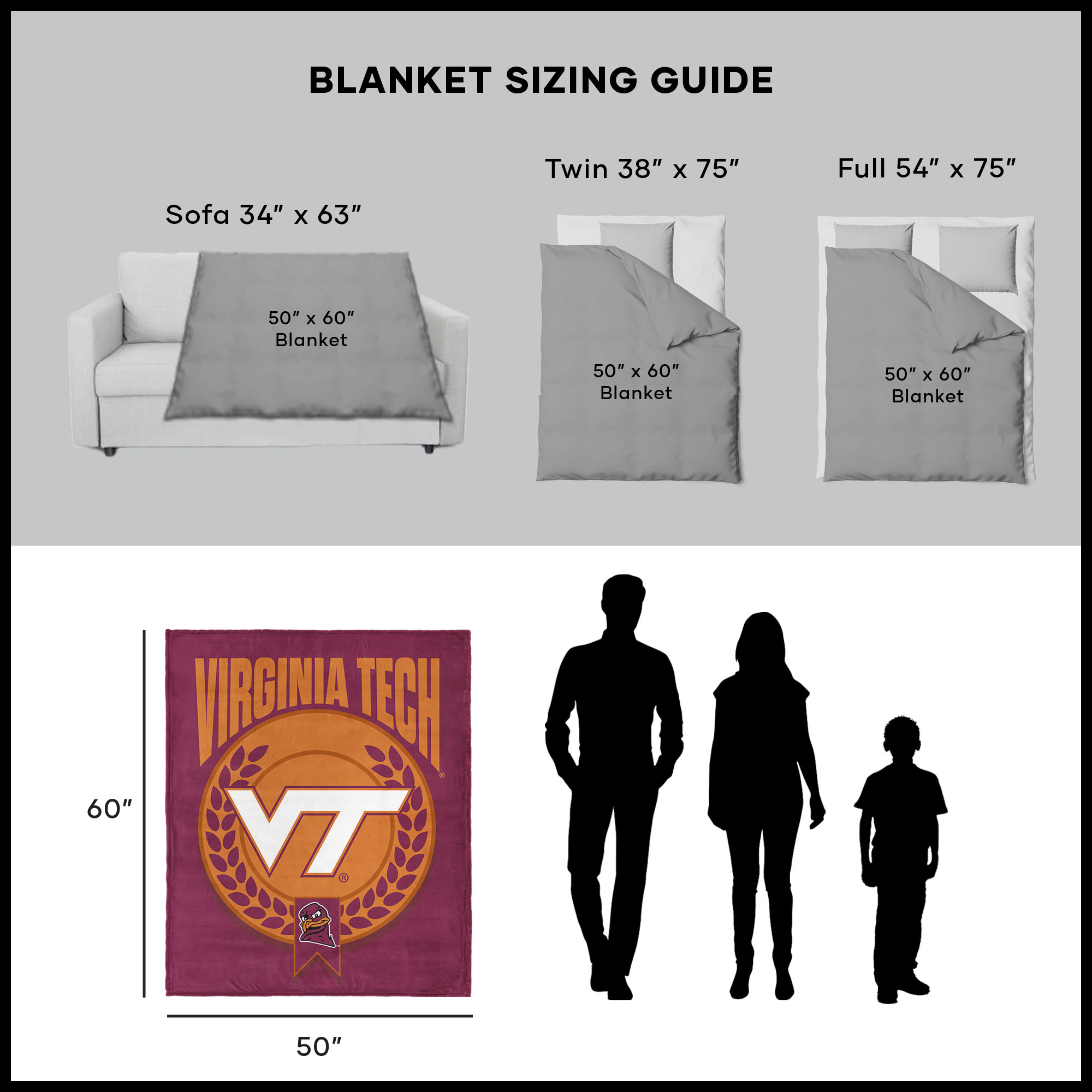 Virginia Tech NCAA Apex Silk Touch Sherpa Throw 50x60 inches