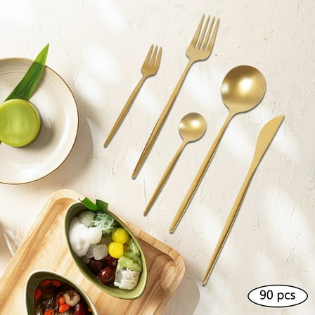 Elegant Gold Stainless Steel Flatware Set – 90 Pieces, Durable, Dishwasher Safe, Complete Utensil Set for Family, Parties, Restaurants, and Weddings