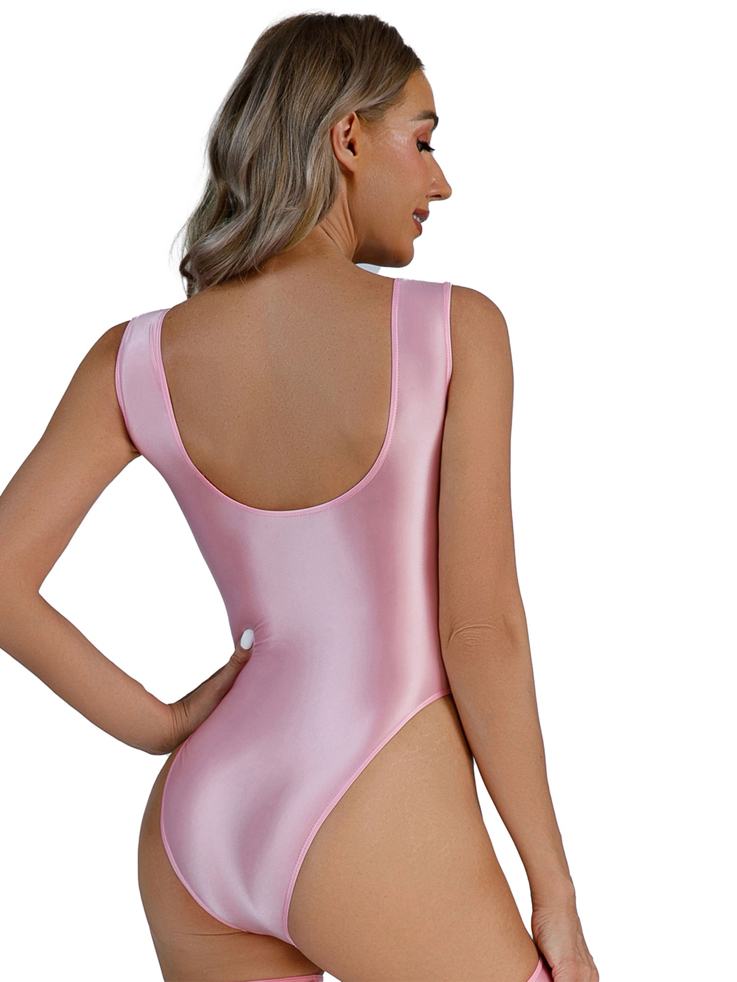 IEFIEL Womens Solid Smooth Glossy Bodysuit Swimsuit Shiny High Cut