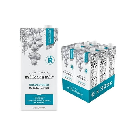 (Pack of 6) Milkadamia Unsweetened Macadamia Milk, 32 fl oz