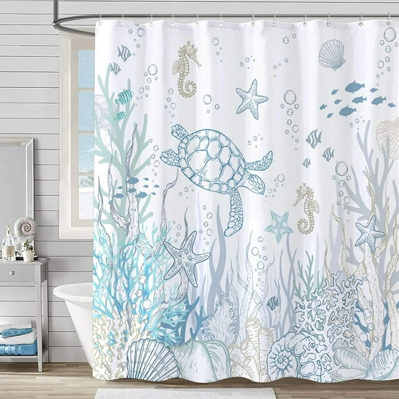 Sea Turtle and Octopus Shower Curtain,Nautical Coastal Beach Theme Waterproof Fabric Bathroom Curtain with Hooks-36"W x 72"L (Pack of 1)
