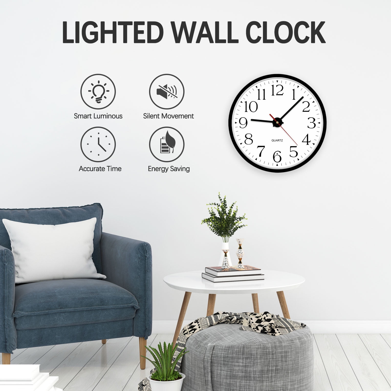 JoFomp Night Light Wall Clocks Battery Operated, 12 Inch Silent LED Light Up Wall Clocks for Living Room Decor, Modern Wall Clock for Bedroom Night Glow, Illuminated Clock with Auto-Dimming/USB Cable