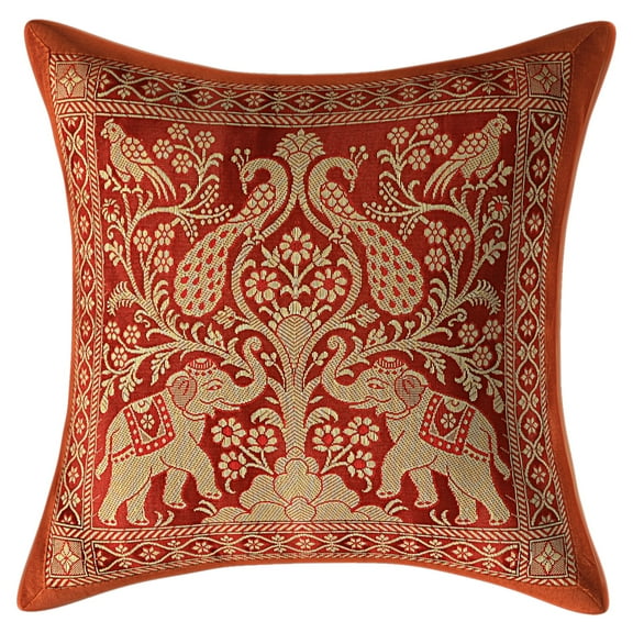 Stylo Culture Ethnic Couch Throw Pillow Cover 12 x 12 Jacquard Peacock Brown Square 30x30 cm Bedroom Decor Pillowcase Brocade Elephant Zippered Cushion Cover | 1 Pc