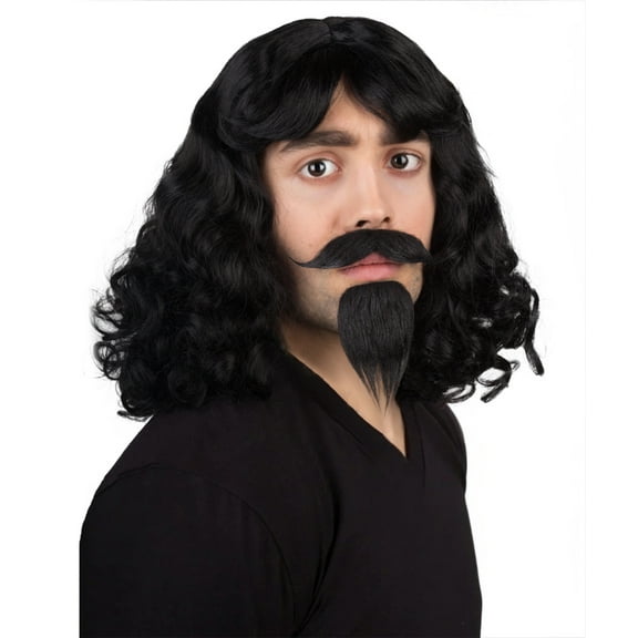 HPO Adult Muskateer | Men's Black Color Wavy Shoulder Length Halloween, Costume Wig with Mustache and Goatee