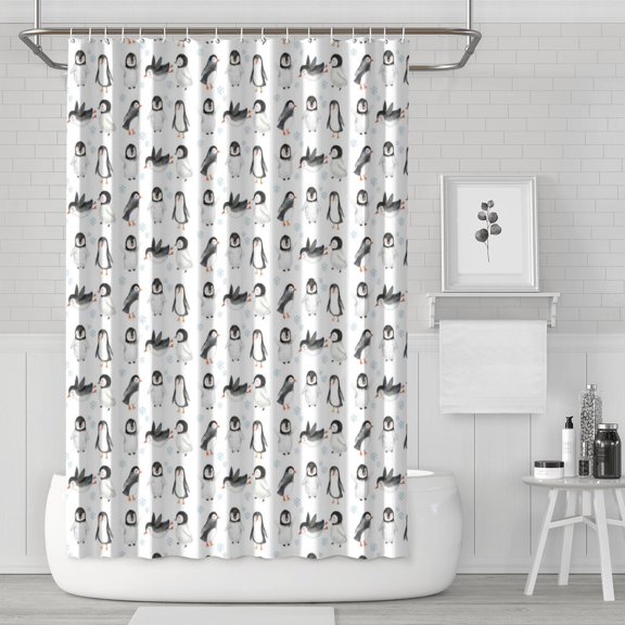 72" x 72" Penguin Shower Curtain - Cute Emperor Penguin & Snowflake Winter Animal Print Waterproof Bathroom Drape with Metal Grommets & Hooks
