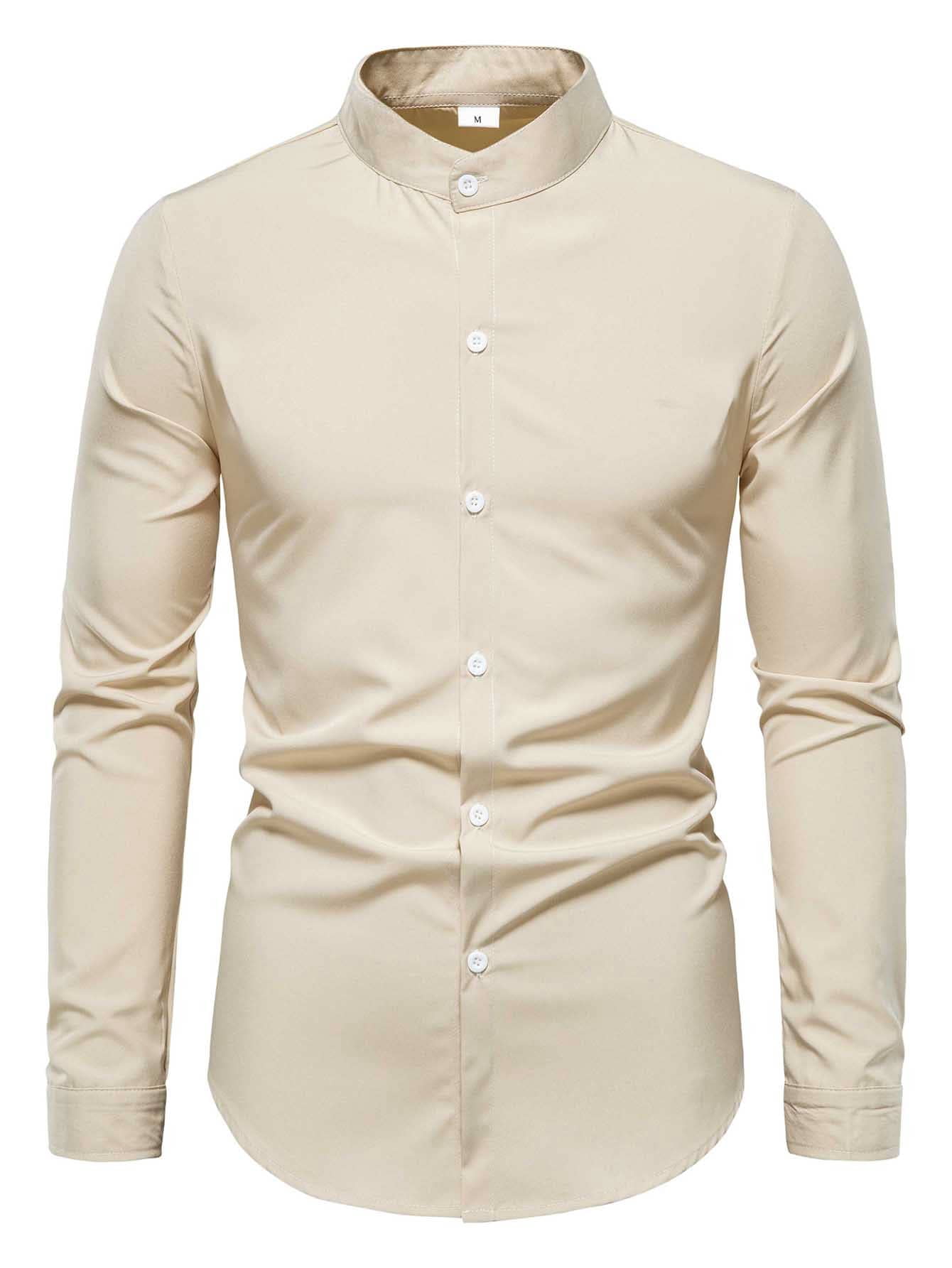Khaki Men Mock Neck Button Up Shirt 