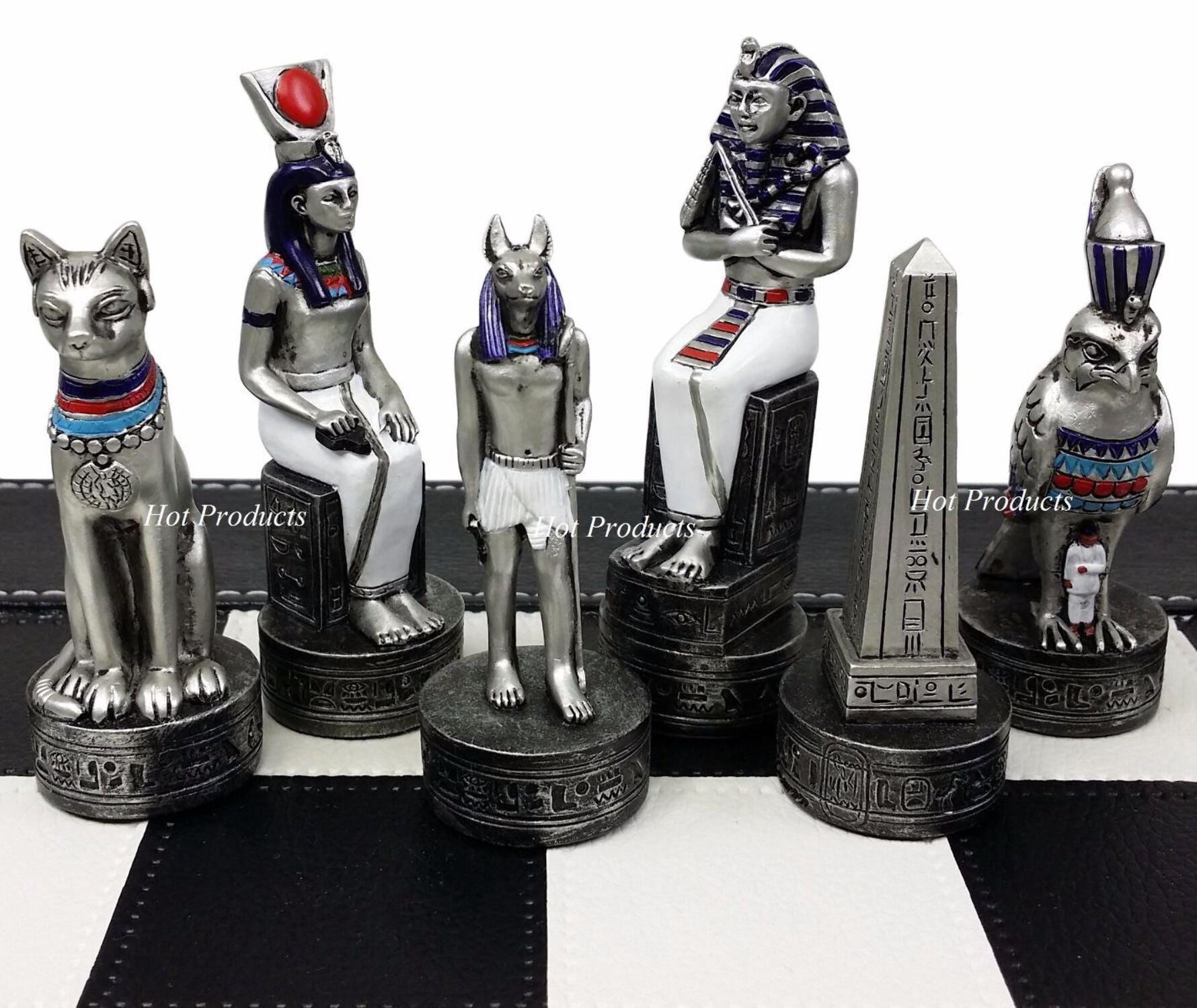 Egyptian Anubis Chess Set Gold  Silver Painted Men W/ 18" Faux Leather Board