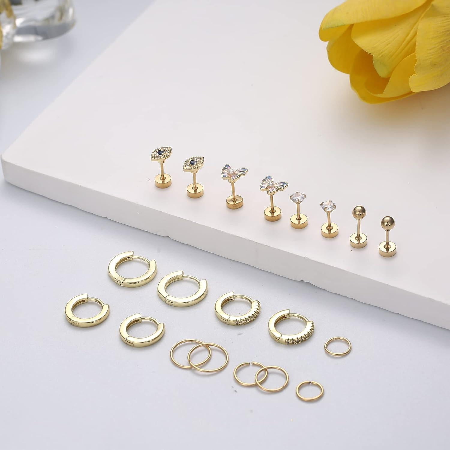 8 Paires De Boucles D'Oreilles Hypoallergéniques - Acier Inoxydable - Créoles Et Clous - Pour Multi-Piercings