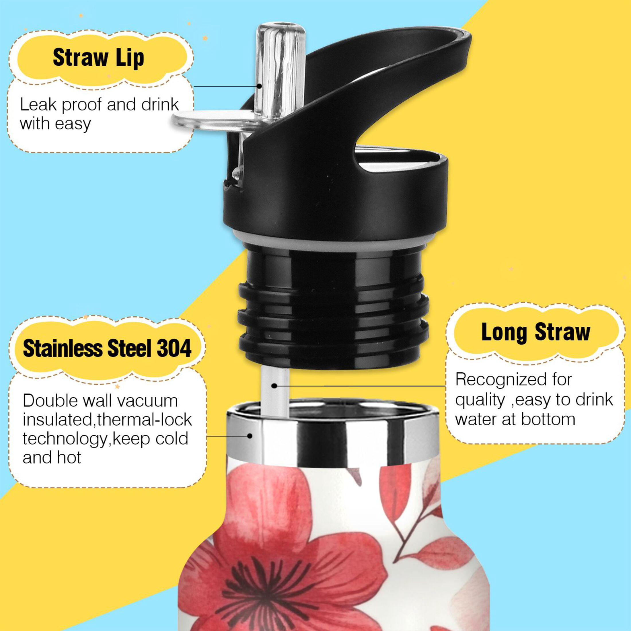 600ML Stainless Steel Insulated Cup Sports Water Bottle Portable Thermos Cup Water Glasses Insulated Tumblers Convenient and Durable Cartoon Red Flowers
