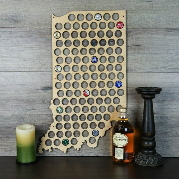 Torched Indiana Beer Cap Map Wall Mount Decor Art 18"x17"x0.25" Brown
