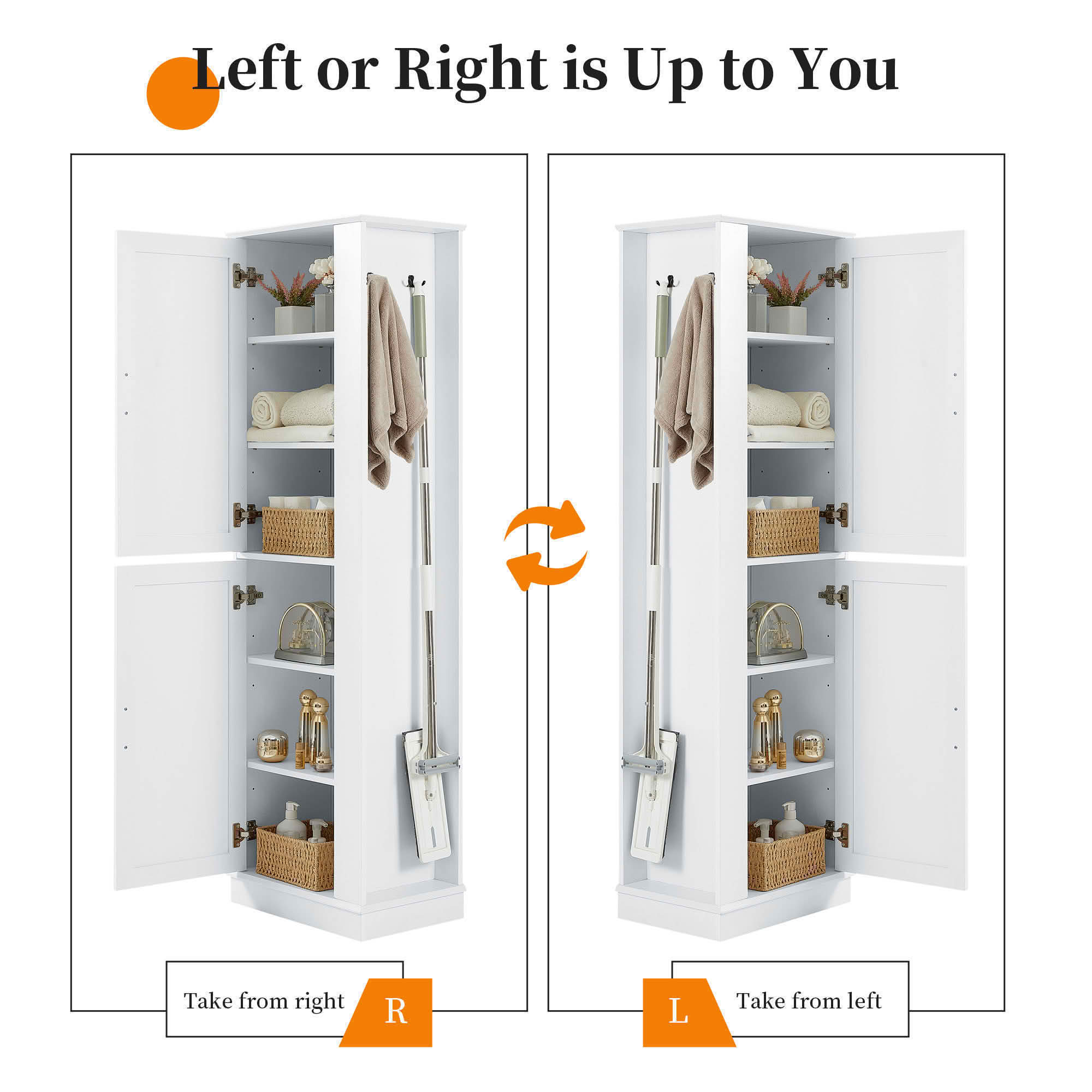 MAYEERTY Tall Bathroom Cabinet Freestanding Hook Adjustable Shelf MDF White