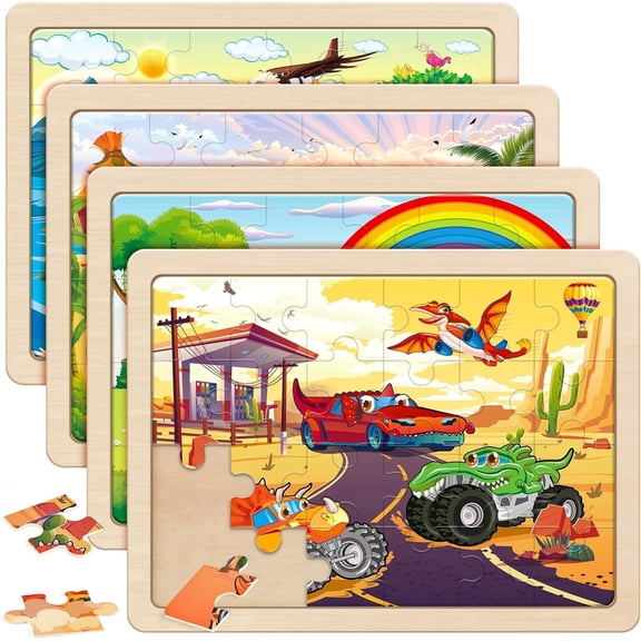 SYNARRY 4-in-1 Wooden Monster Truck Puzzles for Kids Ages 3-8, 24pcs Each, FSC Certified Educational Jigsaw Puzzle Set for Kids Boys