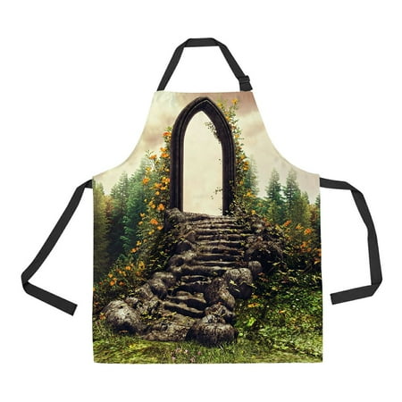 

ABPHQTO Fantasy Door Stairs Flowering Meadow Forest Apron Home Kitchen Apron with Pockets