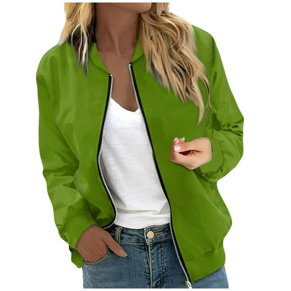 shqvo Women's Casual Bomber Jacket Long Sleeve Zip Up Outerwear Loose Fit Stylish Plain Coat For Spring Autumn Daily Wear