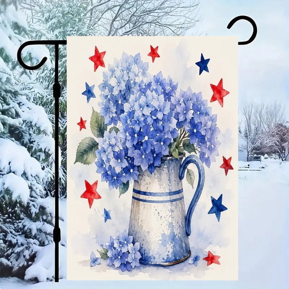 RKSupls Patriotic Linen Double Sided Garden Flag, Independence Day Themed Yard Decor, Patriotic Hydrangea Pitcher Outdoor Banner for Holiday Lawn