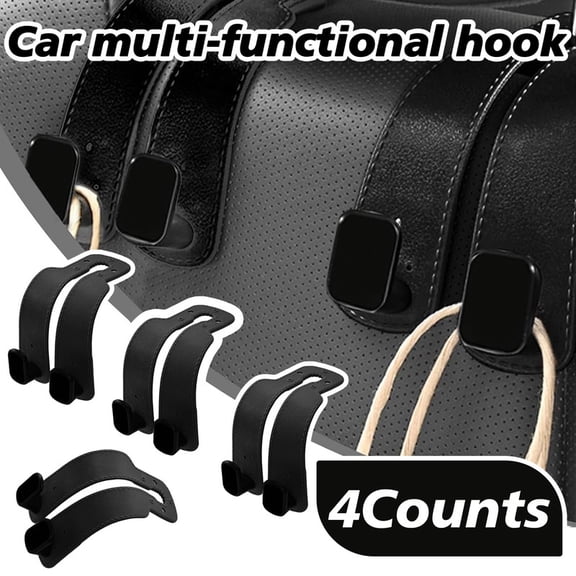 4 Counts Car Seat Back Storage Hook, Car Hooks for Headrest Car Headrest Hooks Purse Hanger for Purses and Bags Double Headrest Hooks Purse Holder Mobile Phone Holder Car Hanger Storage-black