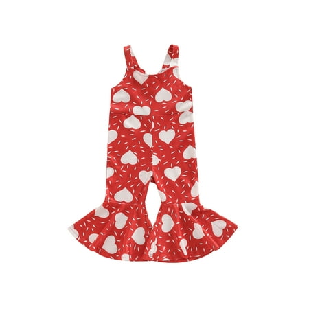 

Valentines Day Outfit for Baby Girl Love Heart Print Sleeveless Ribbed Knit Bell Bottoms Jumpsuit Flare Pants