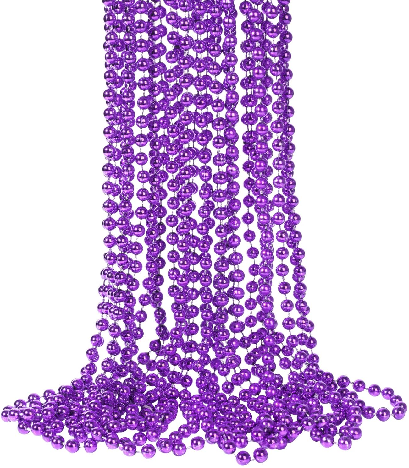 33 Inch 7 mm Metallic Purple Bead Necklaces, 6pcs Mardi Gras Beads Bulk Round Beaded Necklaces