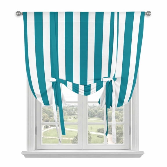 Teal Striped Tie Up Curtains for Kitchen Windows,Adjustable Rod Pocket Valance 63 Inch Long, Simple Art Vertical Stripe Farmhouse Window Treatment Balloon Roman Blind Shade, 52" x 63"