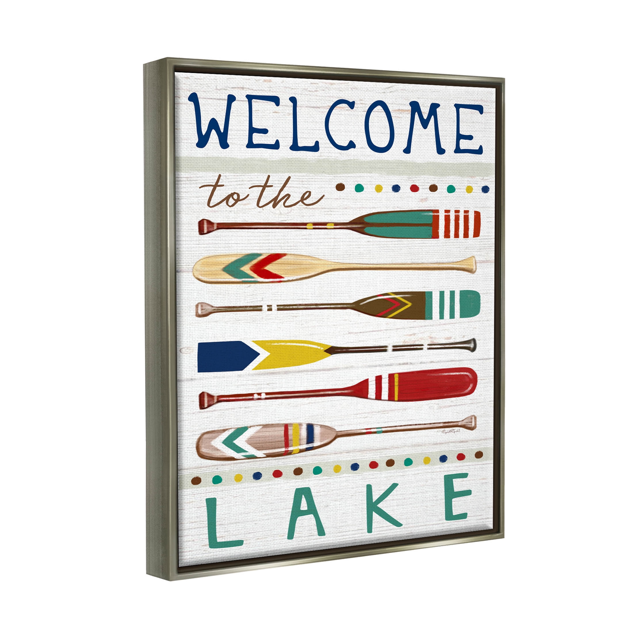 Stupell Industries Lake Welcome Sign Striped Oars Graphic Art Luster Gray Floating Framed Canvas Print Wall Art, Design by Elizabeth Tyndall