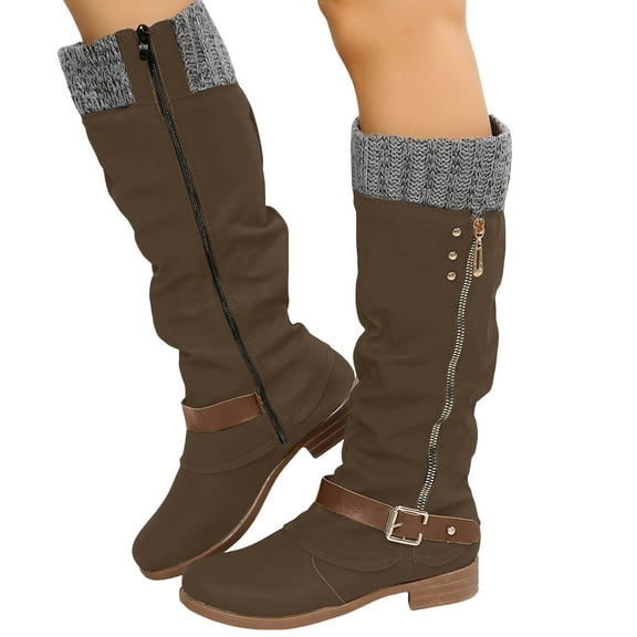 Women's Vintage Suede Knee High Boots Comfortable Block Low Heel Sweater Ruched Knit Cuff Buckle Riding Booties