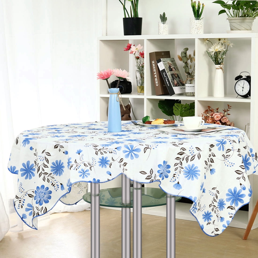 Unique Bargains Vinyl Square Tablecloth Blue Flower 53" x 53"