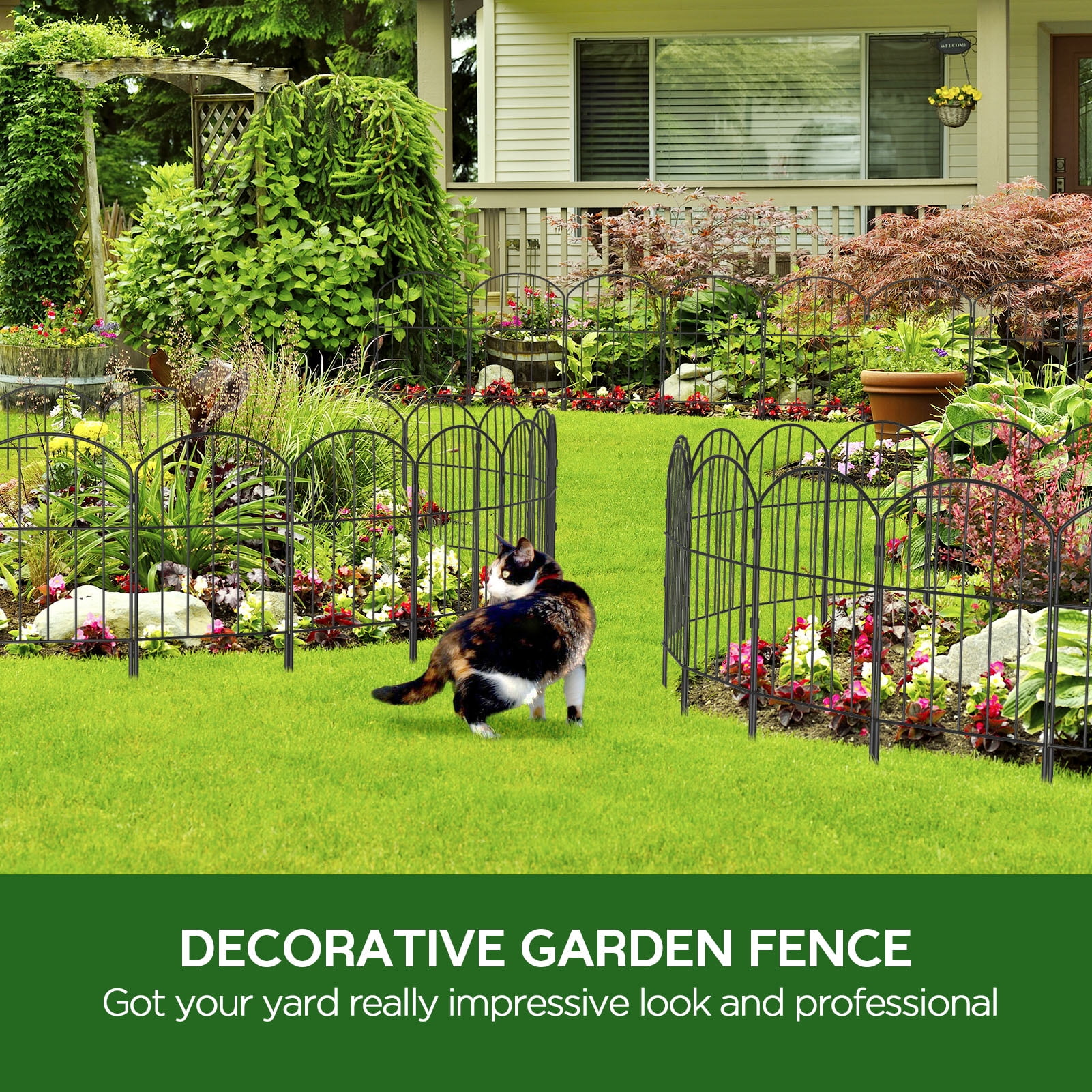 SUNALLY Metal Garden Fences and Borders, Total 10ft(L) x 24in(H) Rustproof Fencing Animal Barrier, 10 Piece Decorative Fence Panels for Yard, Lawn and Patio