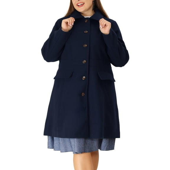 Agnes Orinda Women's Plus Size Coat Solid Single Breasted Long Fall Winter Outerwear with Pockets 1X Dark Blue