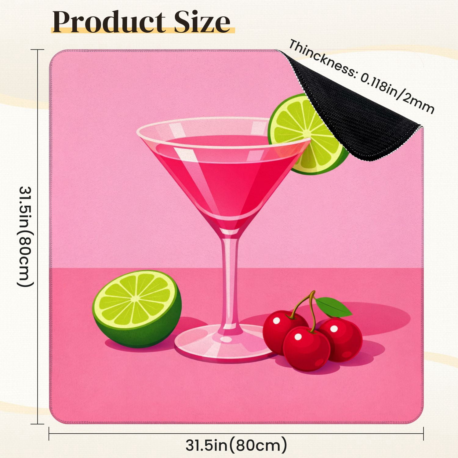 Mahjong Mat 31.5" x 31.5" Bright Pink Cocktail Martini Glass Lime Slice Cherries Non-Slip Noise Reduction Mahjong Tiles Table Cover for Dominoes Poker Card Board and Tile Games