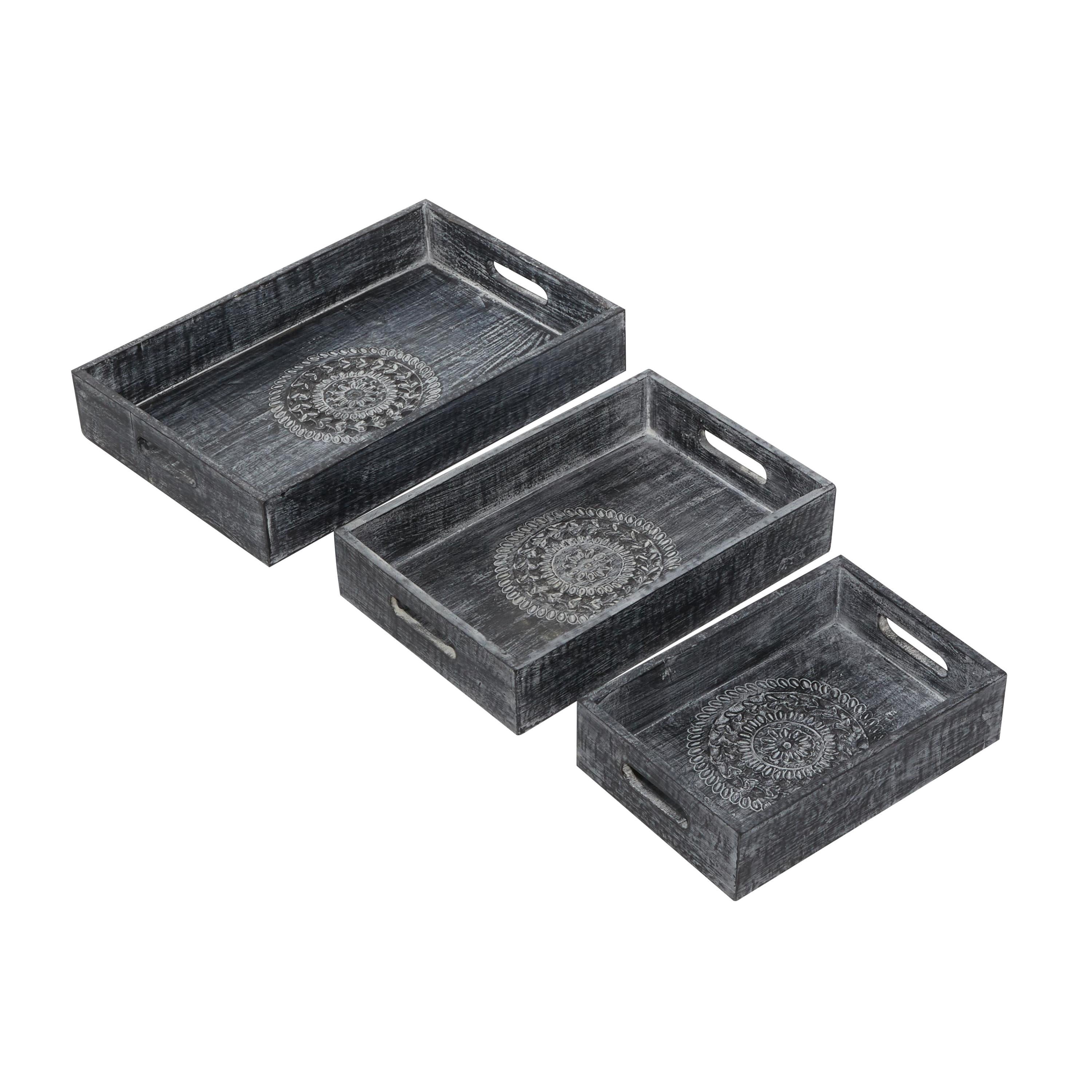 DecMode 12", 15", 18"W Black Wood Intricate Carved Floral Tray, 3-Pieces