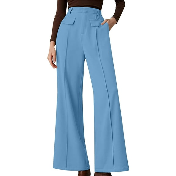 ITSAME Womens Wide Leg Pants, Pull-On Flat Front High Waisted Casual Business Trousers Blue 2XL