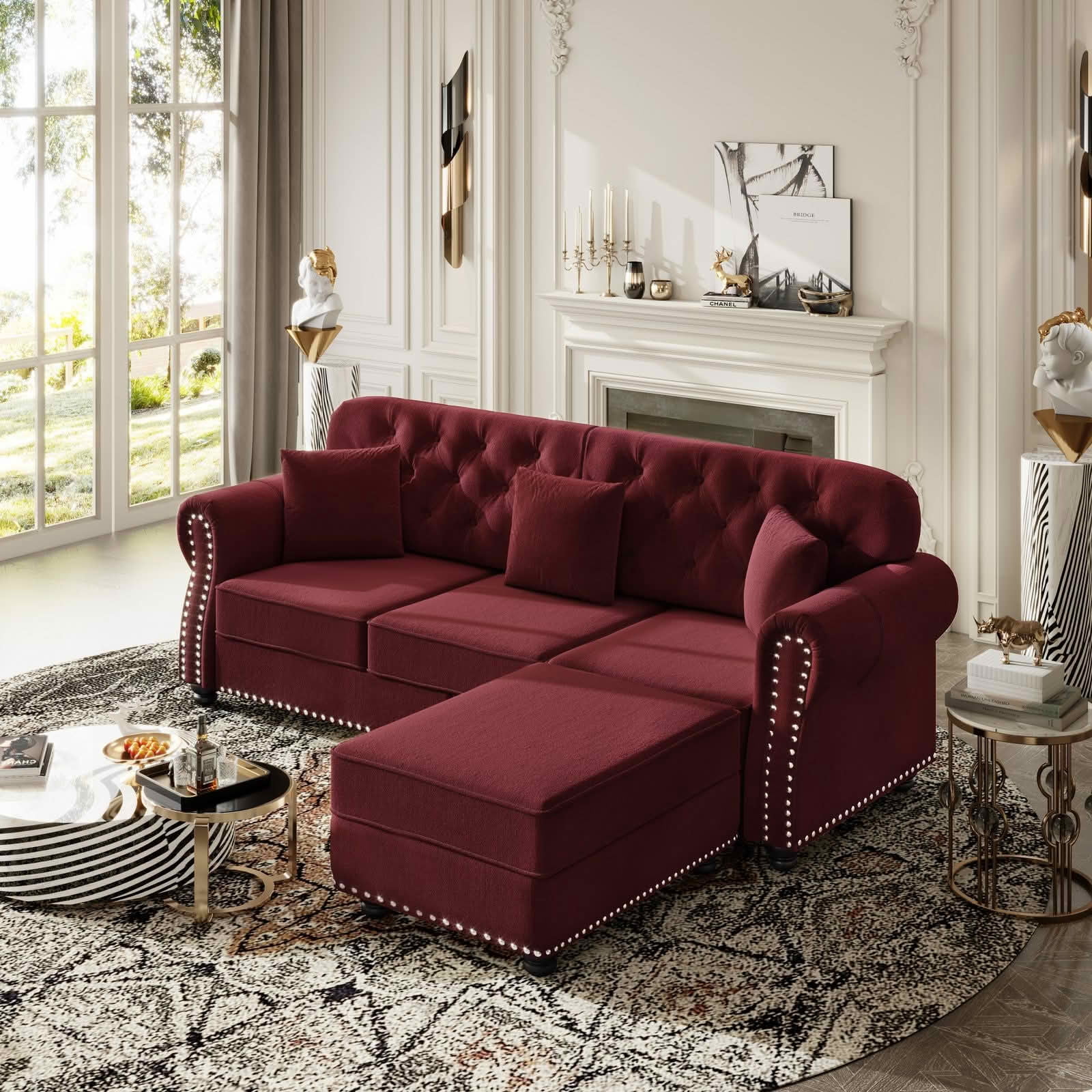 MAYEERTY 82.6 Inch Velvet Chesterfield 3‑Seater Sofa, Mid‑Century Modern Couch with Button Tufting, Nailhead Trim and Rolled Armrests, Comes with 3 Pillows for Home Living Room