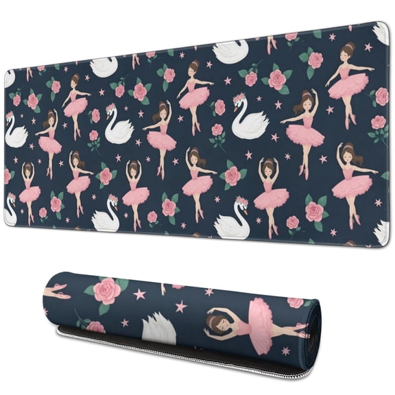Long Mouse Pads for Desk,Dark Blue Ballerina Swan Pattern Desk Mats on Top Of Desks, Desk Mouse Pad Extra Large with 3mm Non-Slip Base and Stitched Edge for Gaming,Office,Work,Home 31.5"x11.8"