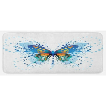 Swallowtail Butterfly Kitchen Mat, Animal with Twigs Curls and Dots Abstract Art, Plush Decorative Kitchen Mat with Non Slip Backing, 47" X 19", Blue Turquoise Orange, by Ambesonne