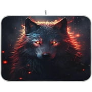 Fire Eyes Wolf Dish Drying Mat for Kitchen Counter, Ultra Absorbent Reversible Microfiber Dishes Drying Rack Pad Heat-resistant Mats 16x18in