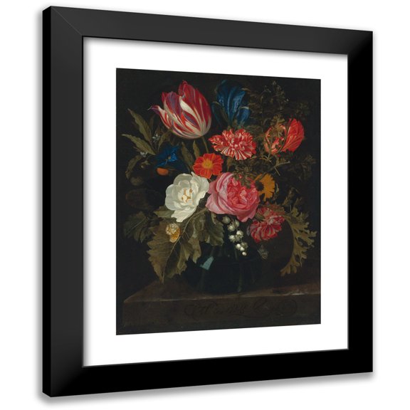 Maria van Oosterwijck 12x14 Black Modern Framed Museum Art Print Titled - Still Life of Roses, Carnations, a Tulip and Other Flowers in a Glass Vase