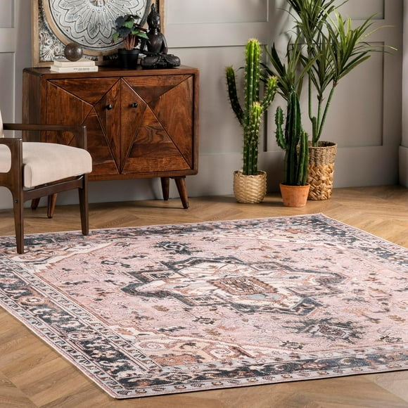 nuLOOM Sasha Machine Washable Medallion Ultra Thin Area Rug, 6x9, Pink