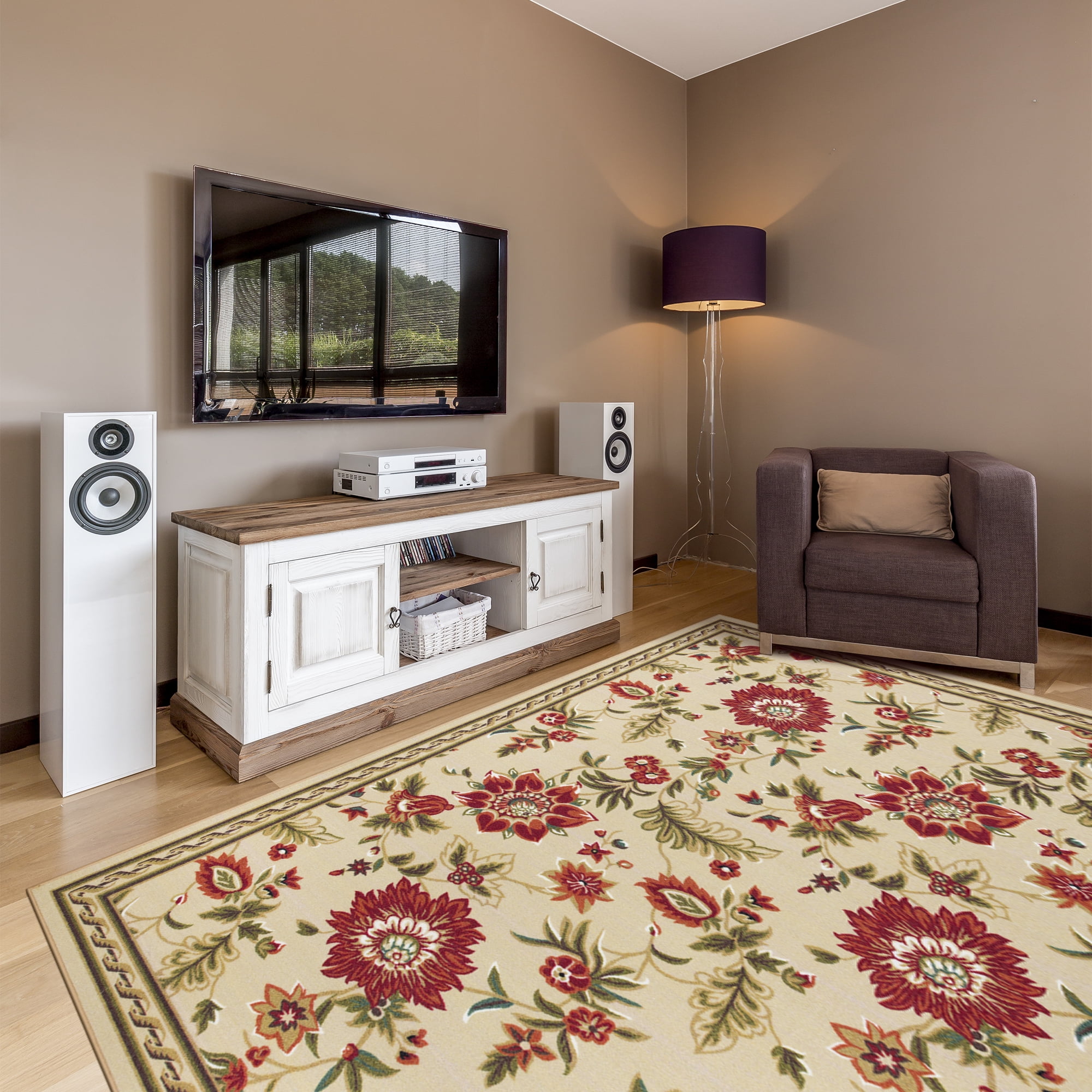 Ottomanson Non-Slip Area Rug for Living Room 6'6" x 9'2" Durable Low Profile Carpet, Beige Floral