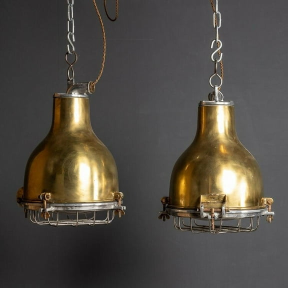 Vintage Marine Pair Of Two Brass Cargo Ship Pendant Lights