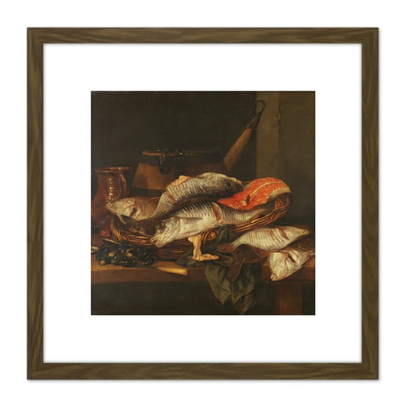 Van Beyeren Still Life With Fish Painting 8X8 Inch Square Wooden Framed Wall Art Print Picture with Mount