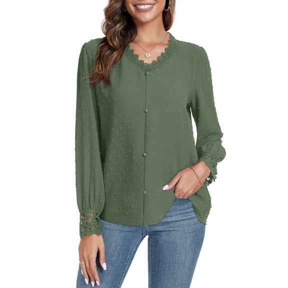 FIUFY Womens Long Sleeve Lace Shirt Tops Trim V-Neck Swiss Polka Dots Tunic Blouses
