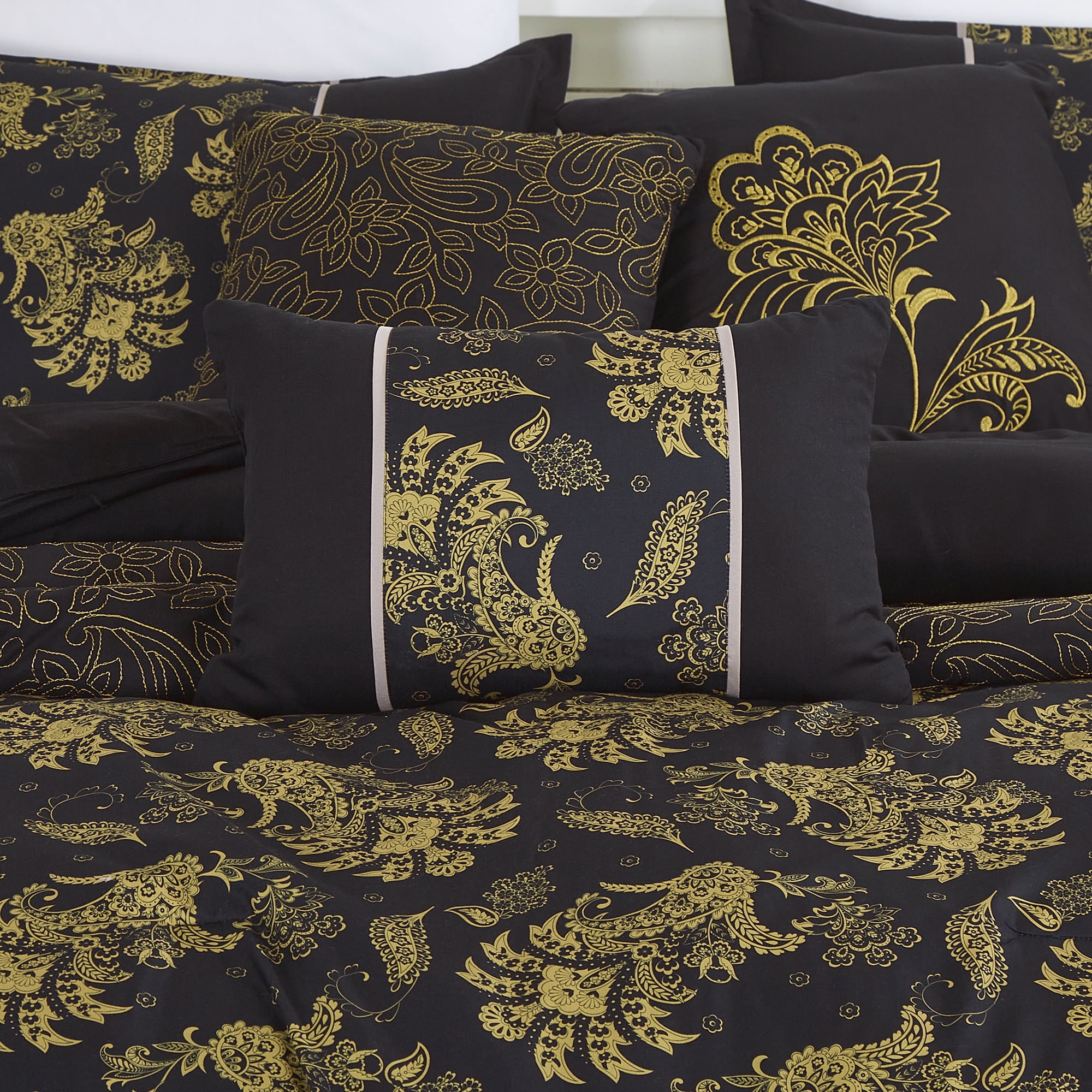 Luxury 7-Piece Black and Gold Floral Comforter Set, Elegant Embroidered Bedding with Decorative Pillows, Queen
