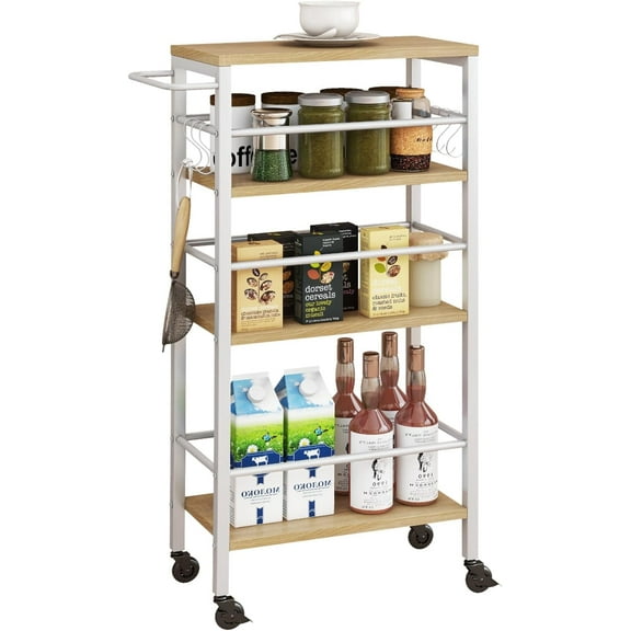 ZHIBO 7.8" Slim Rolling Cart, 4-Tier, Wood Tabletop, Natural
