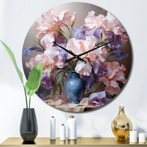 Designart "Pink Purple Irises love expression III" Floral Oversized Wall Clock