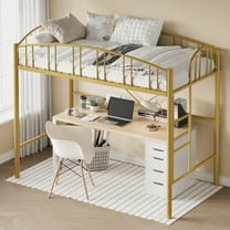 Festisoul Loft Bed Twin Size with Stairs and Arched Guardrail, Sturdy Metal Slats Bed Frame, Noise Free, No Box Spring Needed for Dorm, Space Saving, Gold