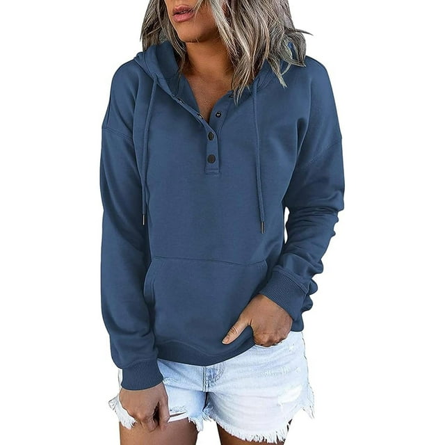 EQWLJWE Womens 2023 Hooded Snap Button Collar Drawstring Hoodies Pullover Sweatshirts Fall Long Sleeve Tops Shirts with Pocket Plus Size Oversized Sweatshirts For Women Halloween